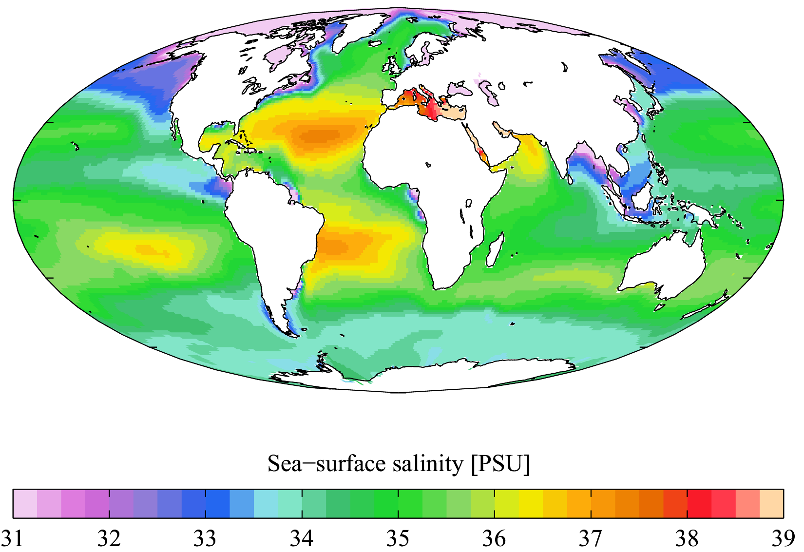 Salinité annuelle de surface des mers et océans © Plumbago