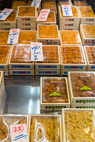 Gonades d'oursins au marché de Tsukiji, Tokyo © Camille Oger