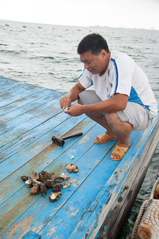 Biologiste taïwanais mangeant des huîtres © Quentin Gaudillière